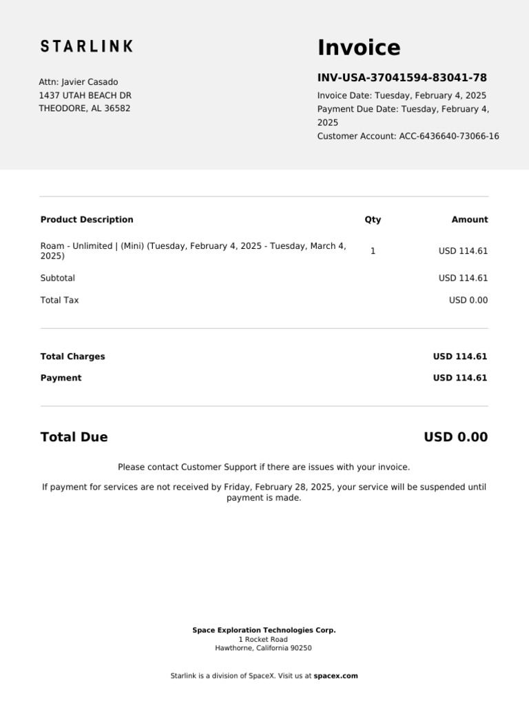 Starlink Invoice for Roam Unlimited Service | PDF | Space X | Elon Musk