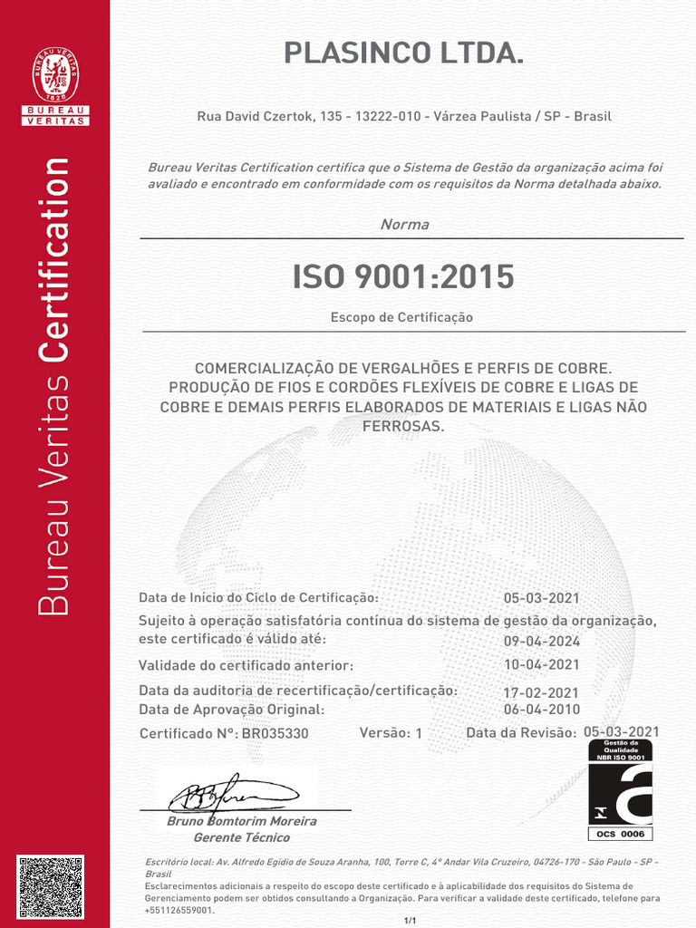 Certificação ISO 9001:2015 da Plasincos | PDF