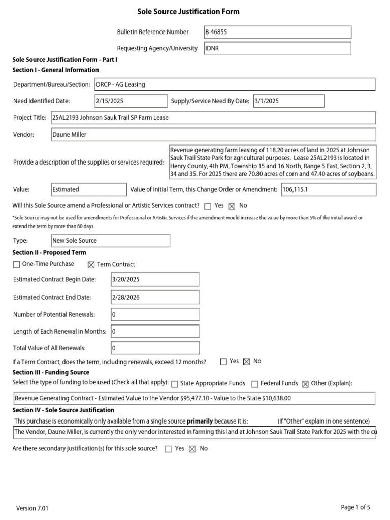 Sole Source Justification for Farm Lease | PDF | Lease | Agriculture