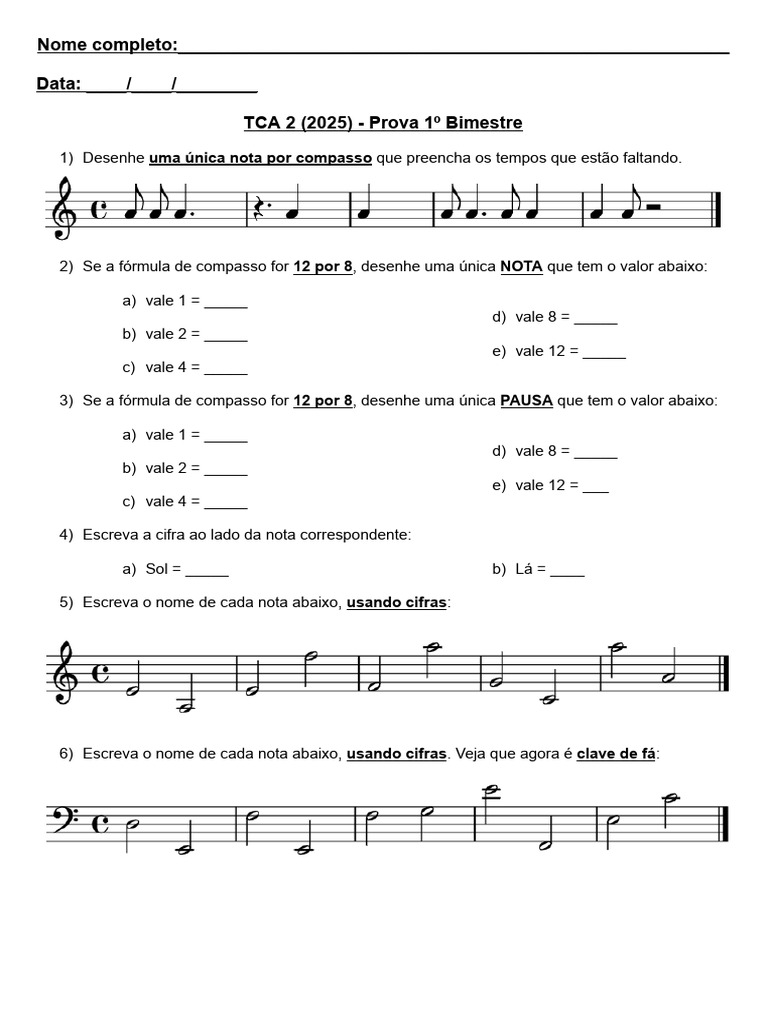 Prova de Música: Compasso e Notas | PDF