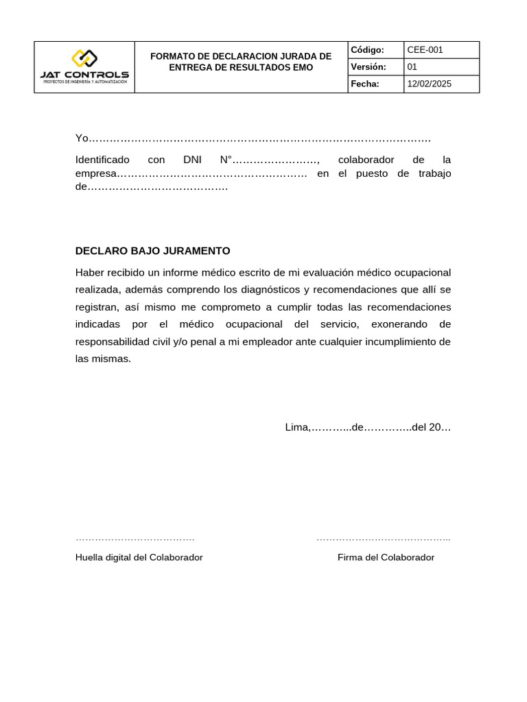 Declaración Jurada de Resultados EMO | PDF