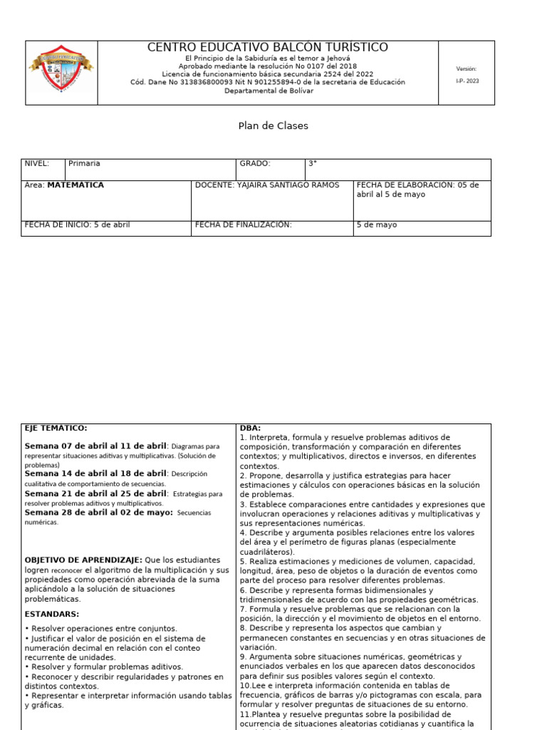 Plan de Clases de Matemáticas 3° Primaria | PDF | Multiplicación | Datos