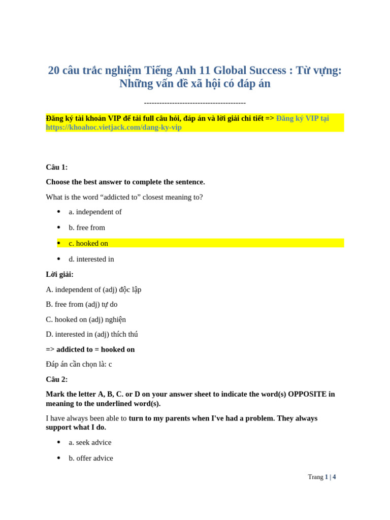 20 Cau Trac Nghiem Tieng Anh 11 Global Success Tu Vung Nhung Van de Xa ...