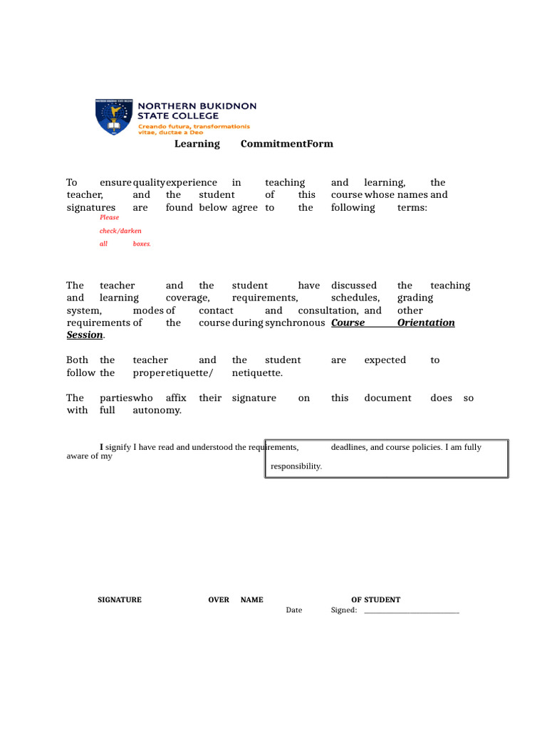 Course Commitment Agreement Form | PDF