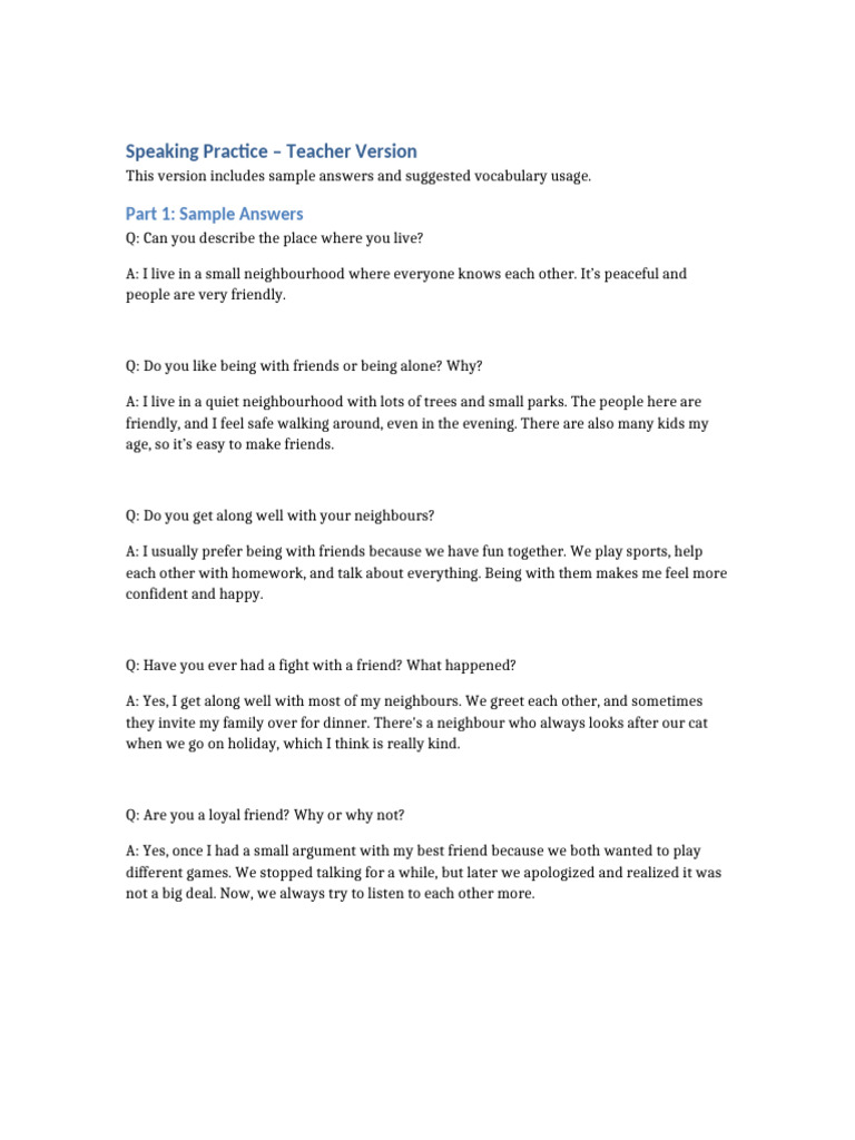 Speaking Practice: Sample Answers & Tips | PDF