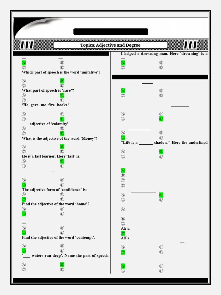 Degree of Comparison MCQs with Answers | PDF | Part Of Speech | Adjective