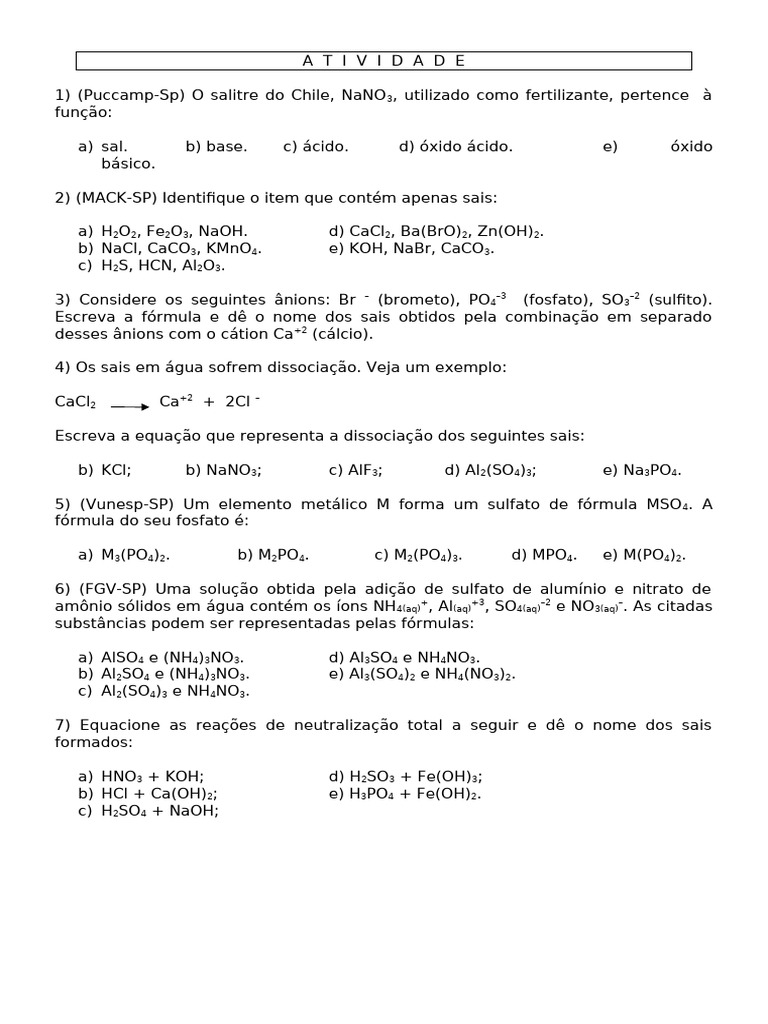 Atividades sobre Dissociação de Sais | PDF
