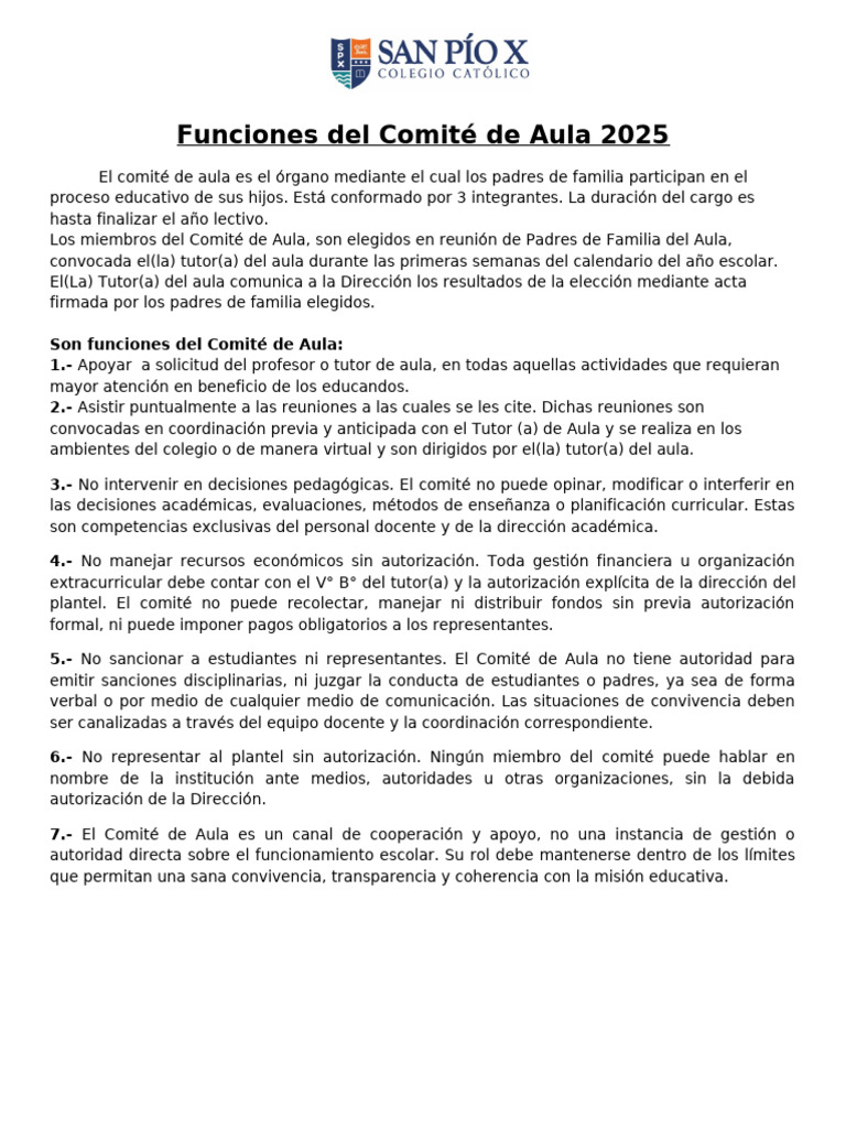 Funciones del Comité de Aula 2025 | PDF | Salón de clases | Maestros
