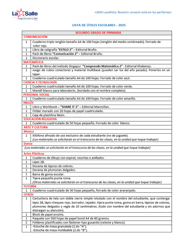 Útiles Escolares 2025: Segundo Grado | PDF | Papelería | Materiales de ...