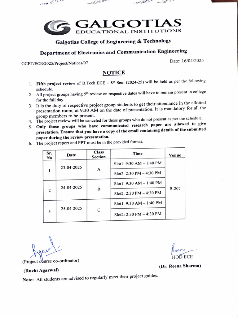 B.Tech ECE 5th Project Review Notice | PDF
