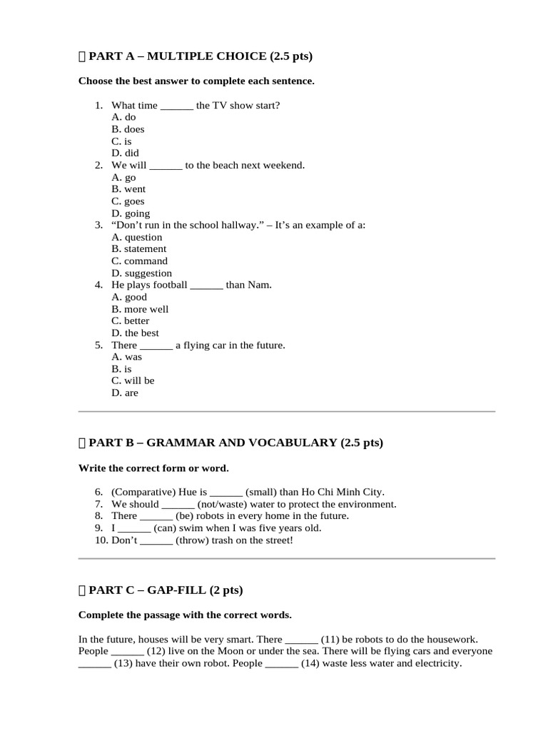 Part A - Multiple Choice (2.5 PTS) : Choose The Best Answer To Complete ...