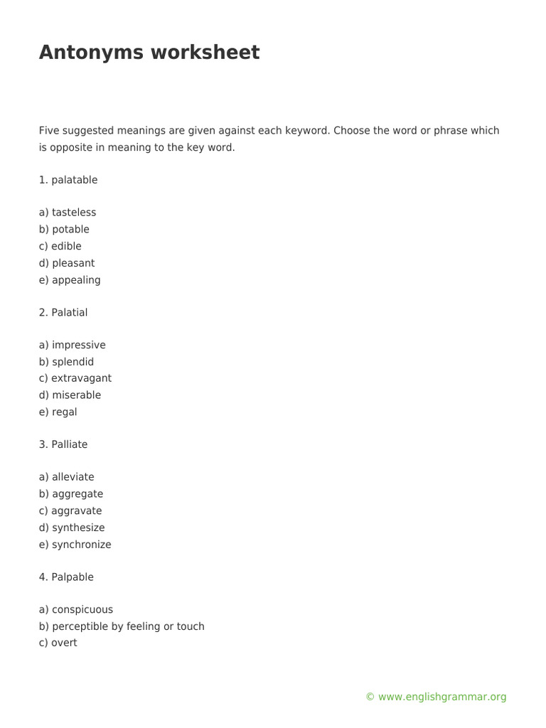 Antonyms Worksheet for Vocabulary Building | PDF