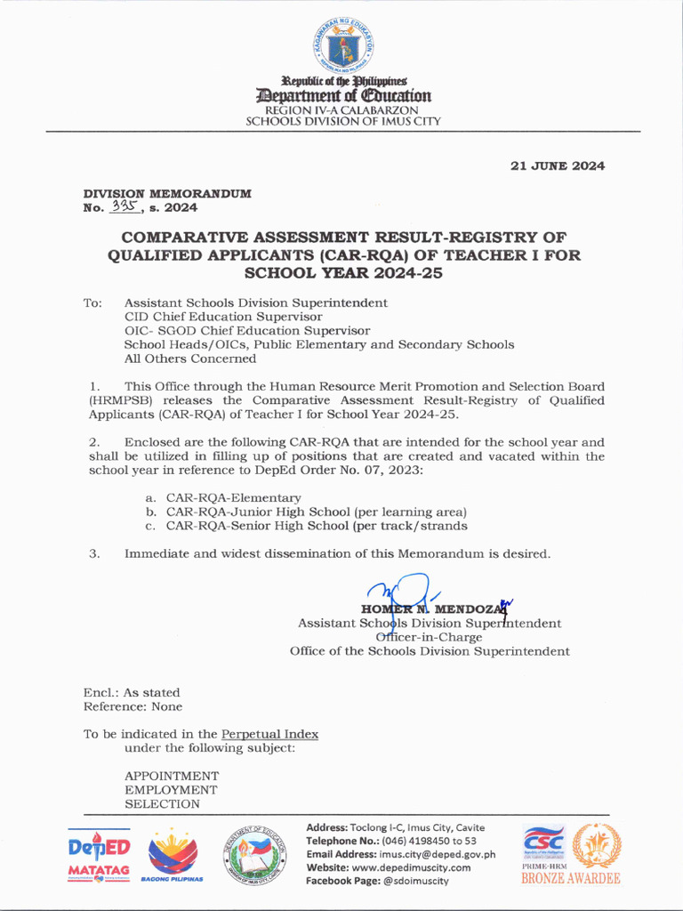 DM - 335 - S - 2024 Comparative Assessment Result Registry of Qualified ...