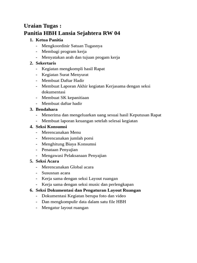 Tugas Panitia HBH Lansia Sejahtera | PDF