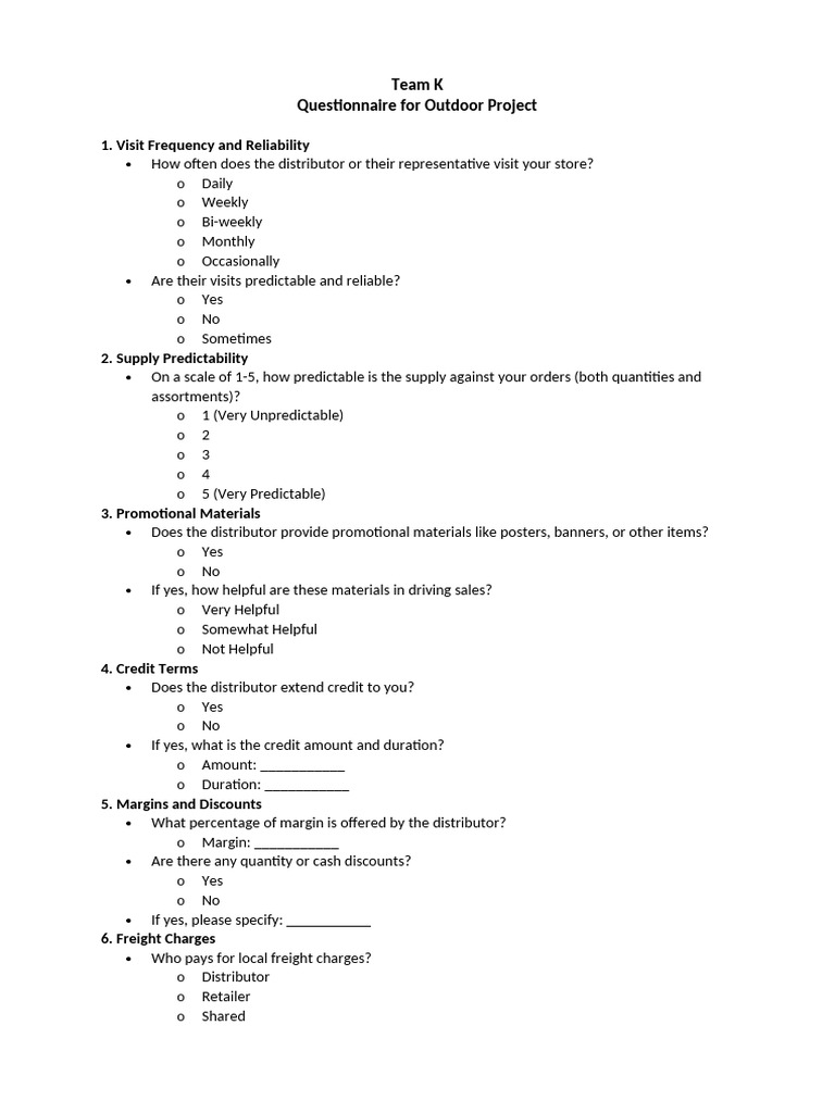 Outdoor Project Distributor Questionnaire | PDF | Business | Marketing
