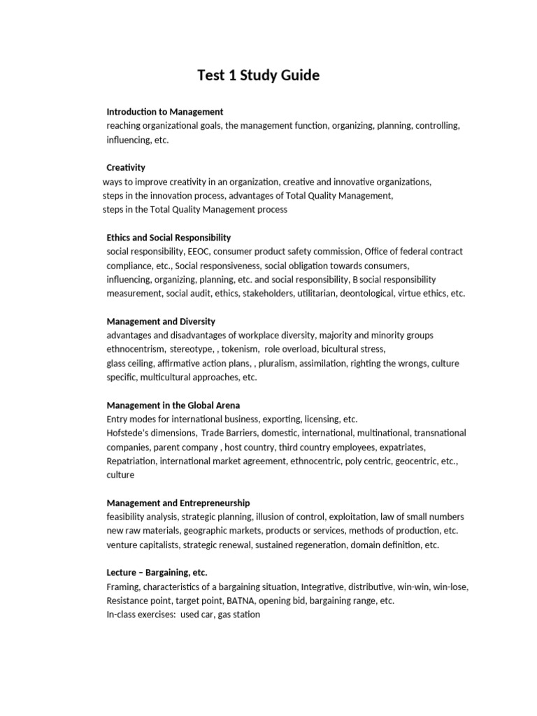 Test 1 Management Study Guide | PDF
