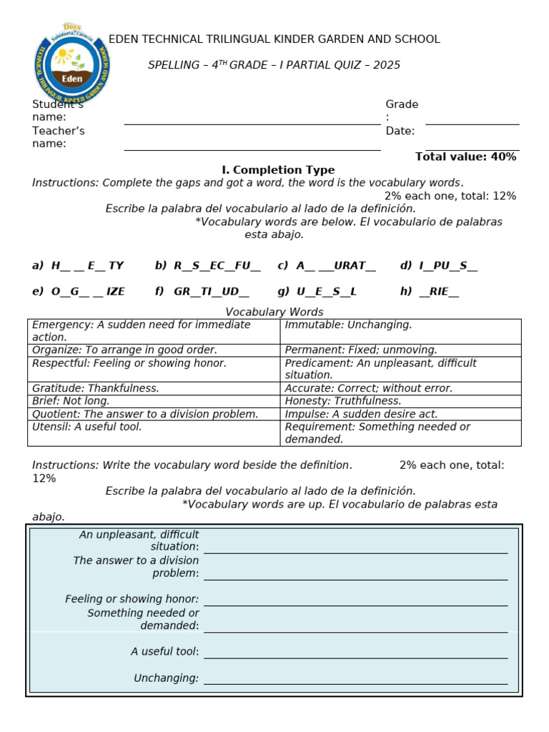Quiz For 4th Grade I Partial Spelling Pdf