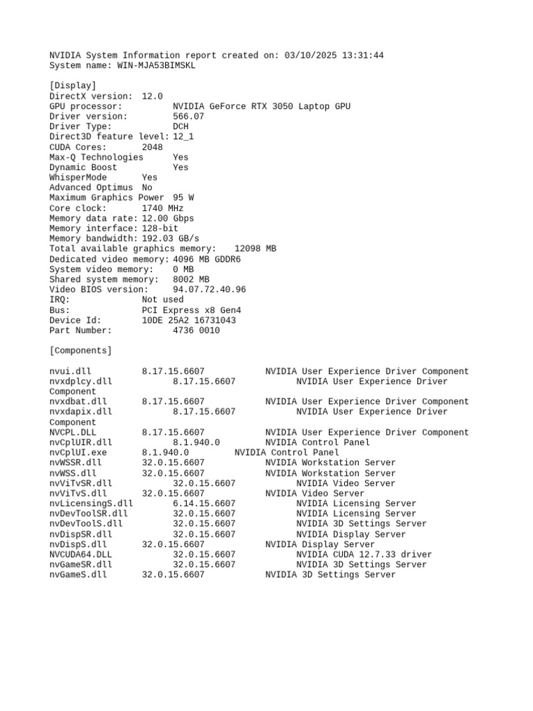NVIDIA System Info: Driver 566.07 Report | PDF