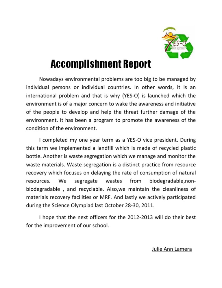 accomplishment report sample essay