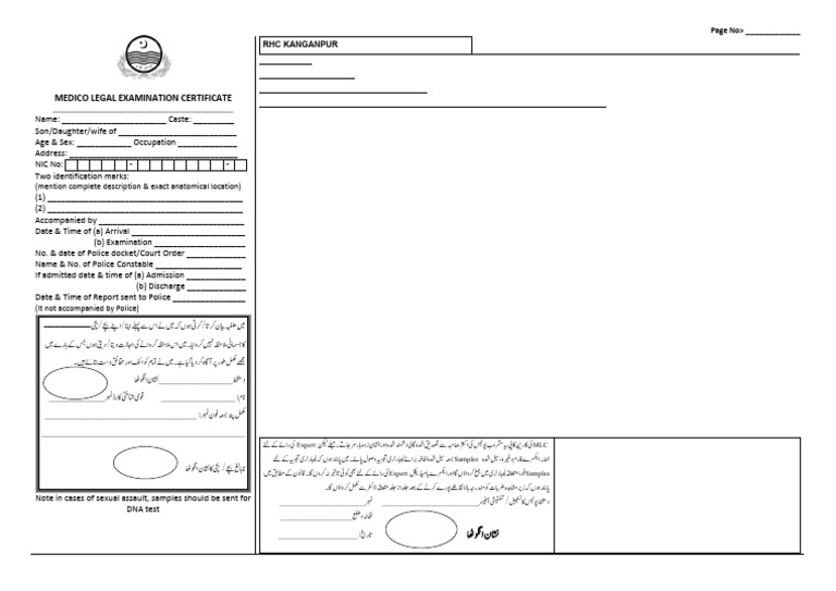 Medico Legal Examination Certificate Punjab | PDF | Crimes | Crime ...