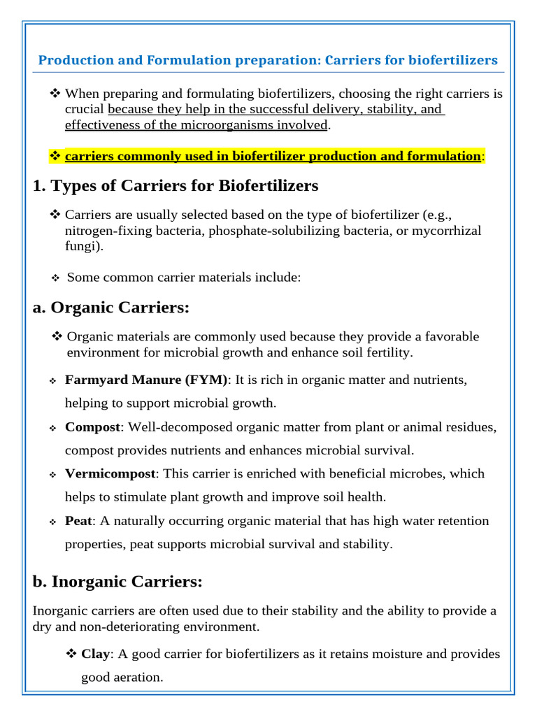 Biofertilizer Carrier Selection Guide | PDF | Microorganism | Compost