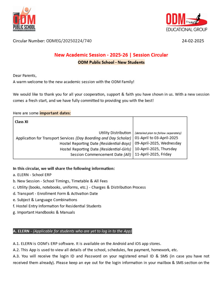 OPS Session Circular 2025-26 (New Students - Class XI) | PDF ...