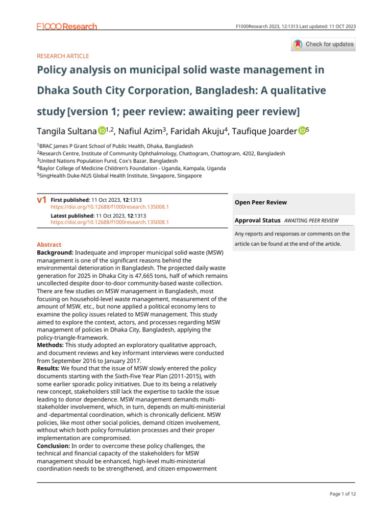 Dhaka MSW Management Policy Analysis | PDF | Municipal Solid Waste ...