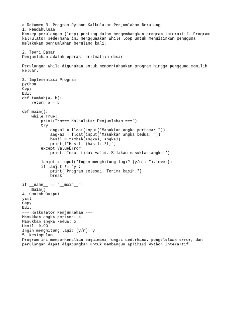 Kalkulator Penjumlahan Sederhana Python | PDF