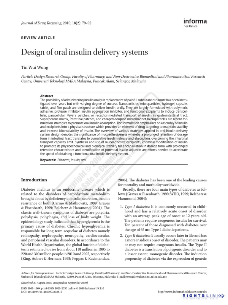Oral Insulin Delivery System Design | PDF | Diabetes | Insulin