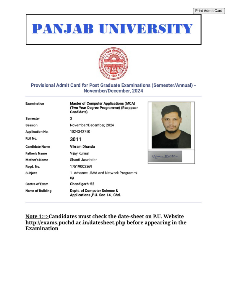 MCA Admit Card November 2024 | PDF