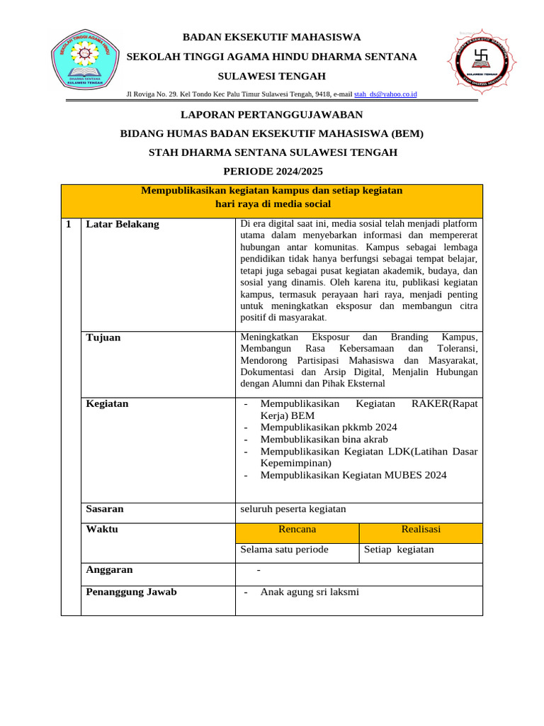 Laporan Kegiatan BEM STAH Palu 2024 | PDF