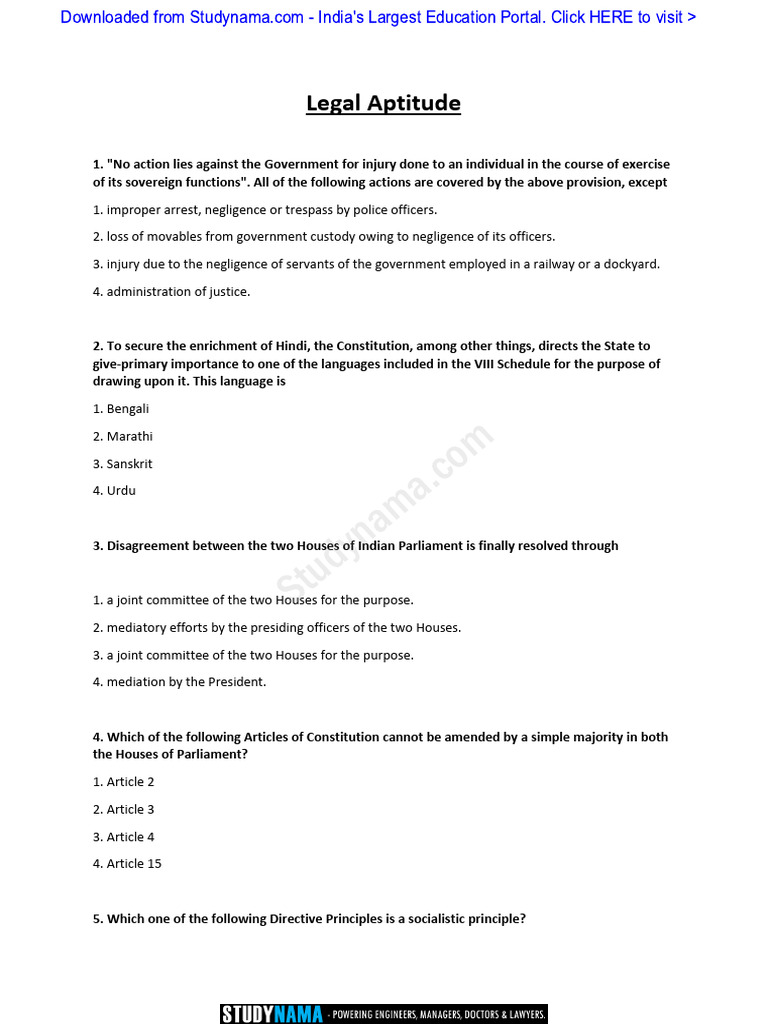 DU LLB LAW-Exam-Legal-Aptitude Practice Paper | PDF | Government Of ...