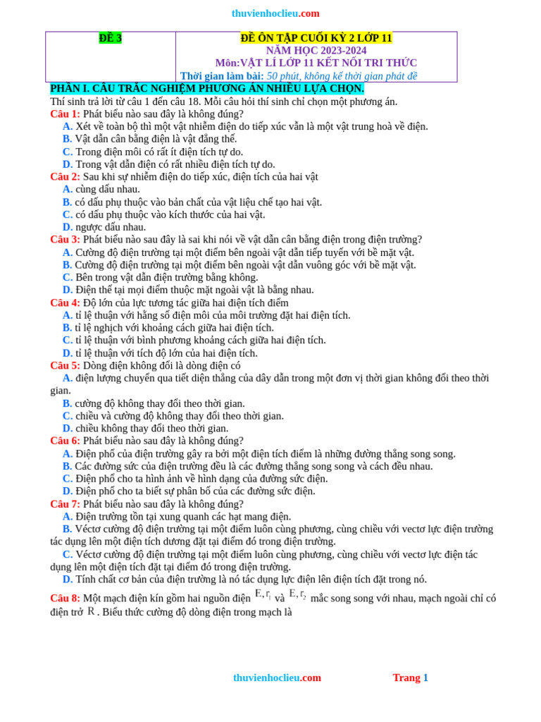 De On Thi HK2 Vat Li 11 KNTT de 3 Hay | PDF