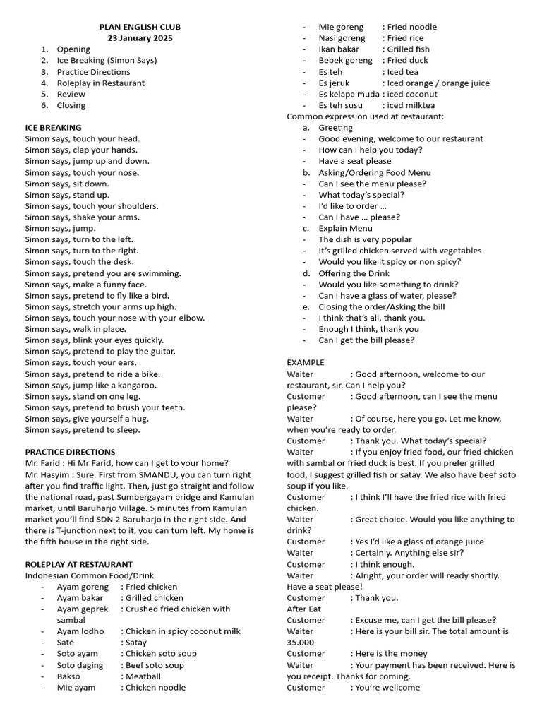 English Club Meeting Plan 2025 | PDF | Foods | Cuisine