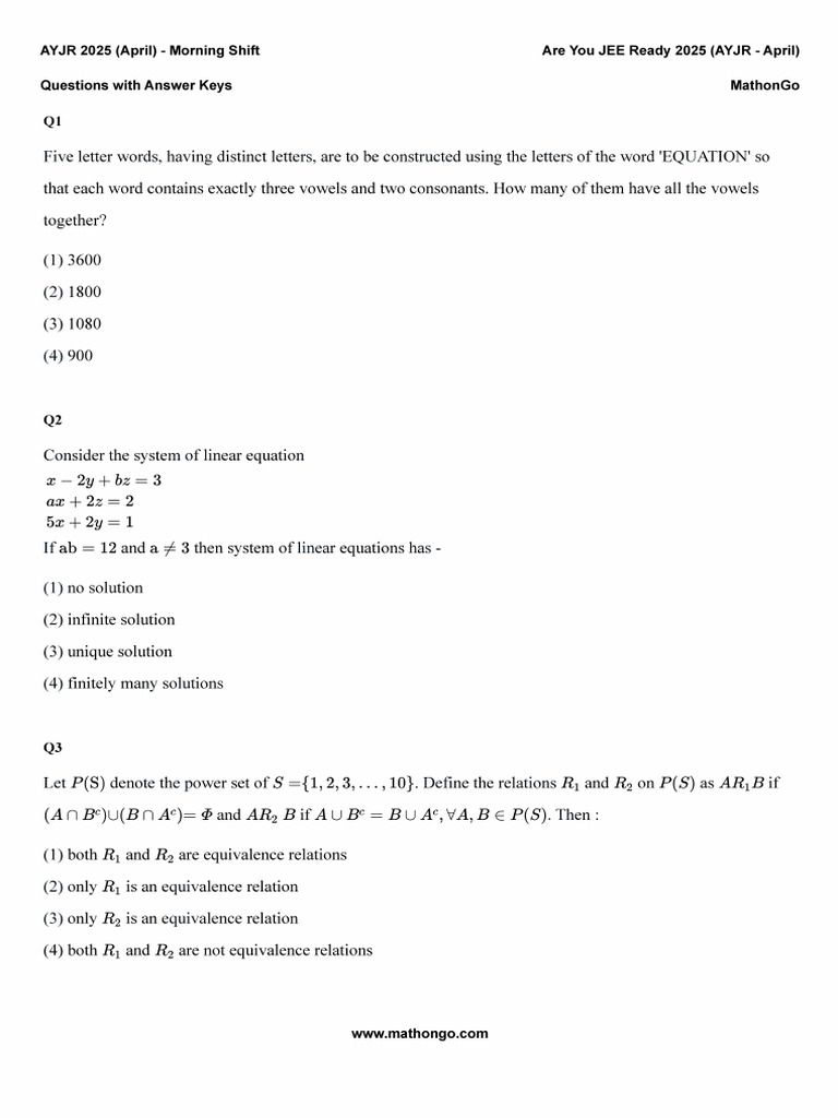 Provisional Answer Keys - AYJR 2025 (April) - Morning Shift | PDF