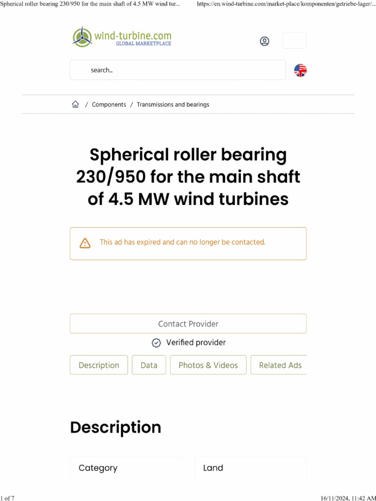 Spherical Roller Bearing 230/950 for Wind Turbines | PDF