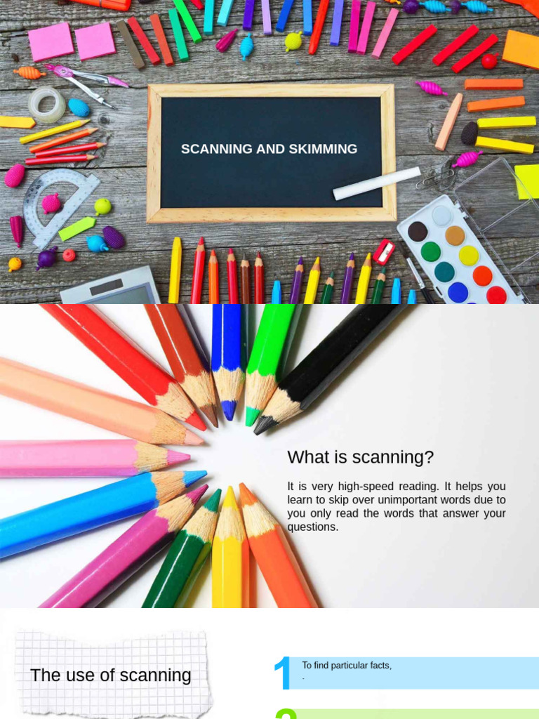 Scanning vs. Skimming Techniques Guide | PDF | Speed Reading | Human ...