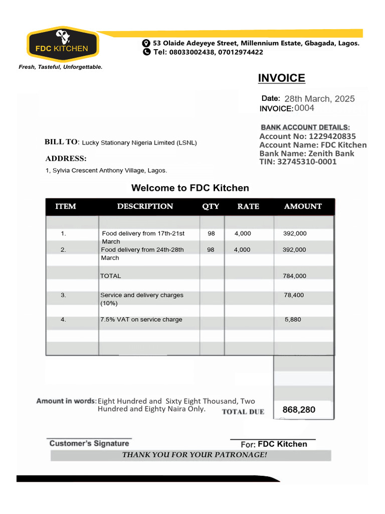 FDC Kitchen Invoice for Food Delivery | PDF