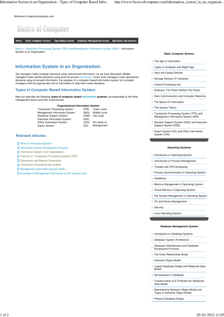 Information System in An Organization Types of Computer Based