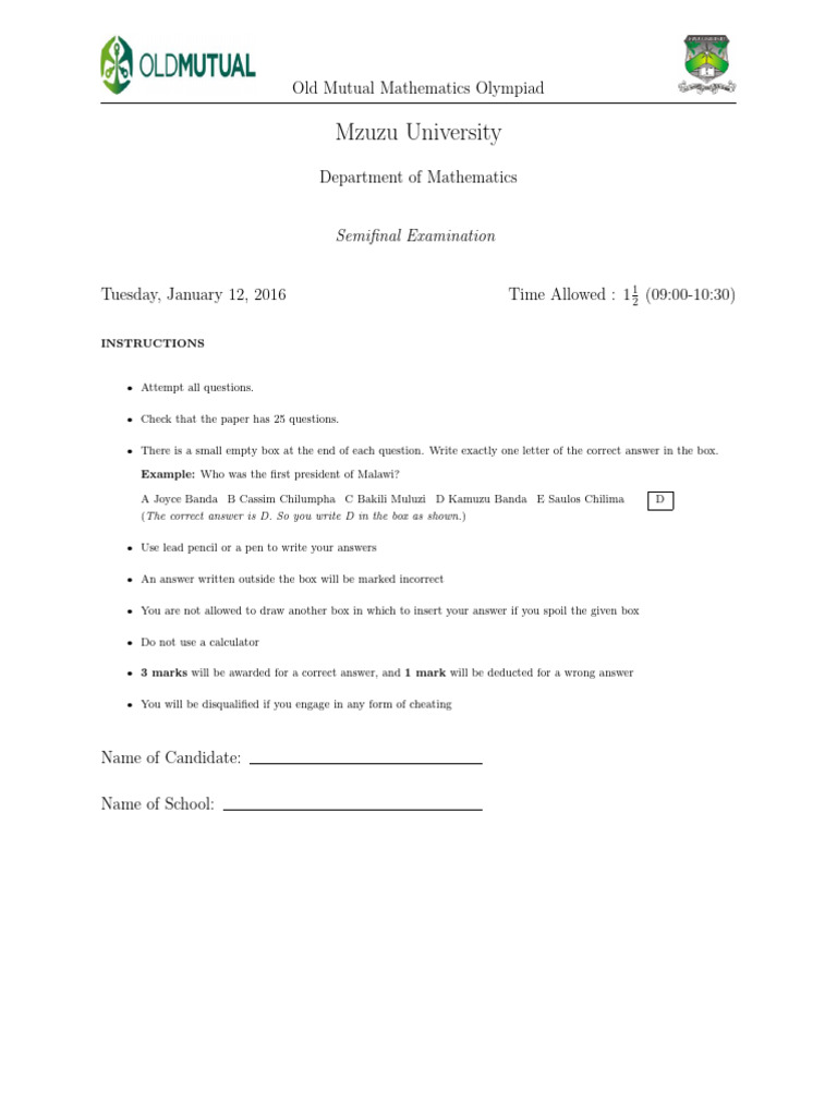Old Mutual Mathematics Olympiad Exam | PDF | Area