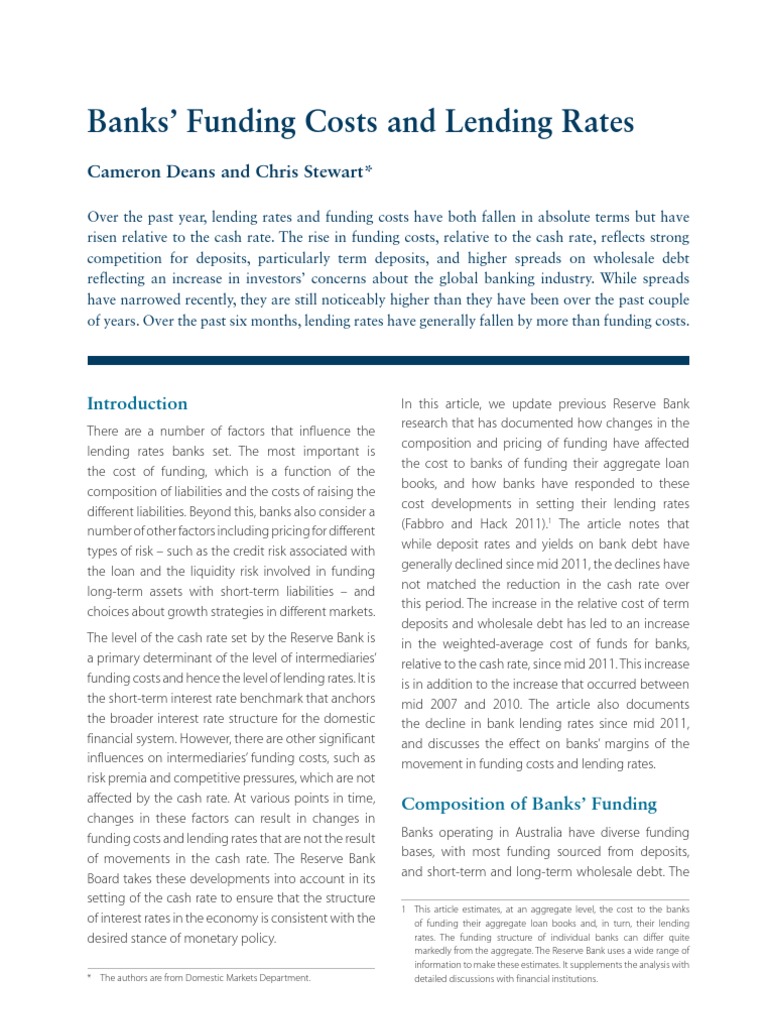 RBA Bank Funding Costs & Lending Rates Bonds (Finance) Banks