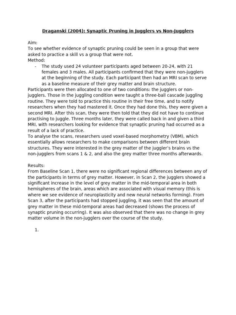 Draganski (2004) - Synaptic Pruning in Jugglers Vs Non-Jugglers | PDF