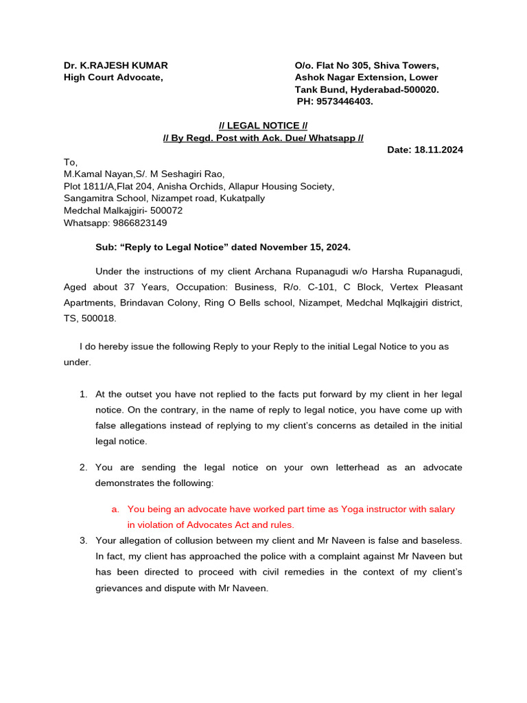Legal Notice Response for Nayan Case | PDF | Justice | Crime & Violence