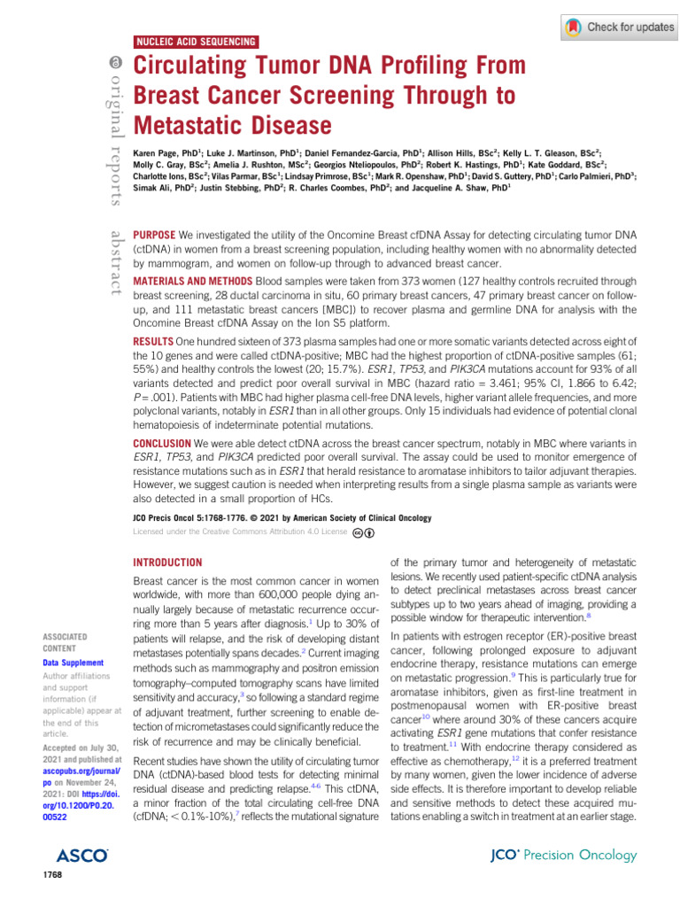 Page Et Al 2021 Circulating Tumor Dna Profiling From Breast Cancer ...