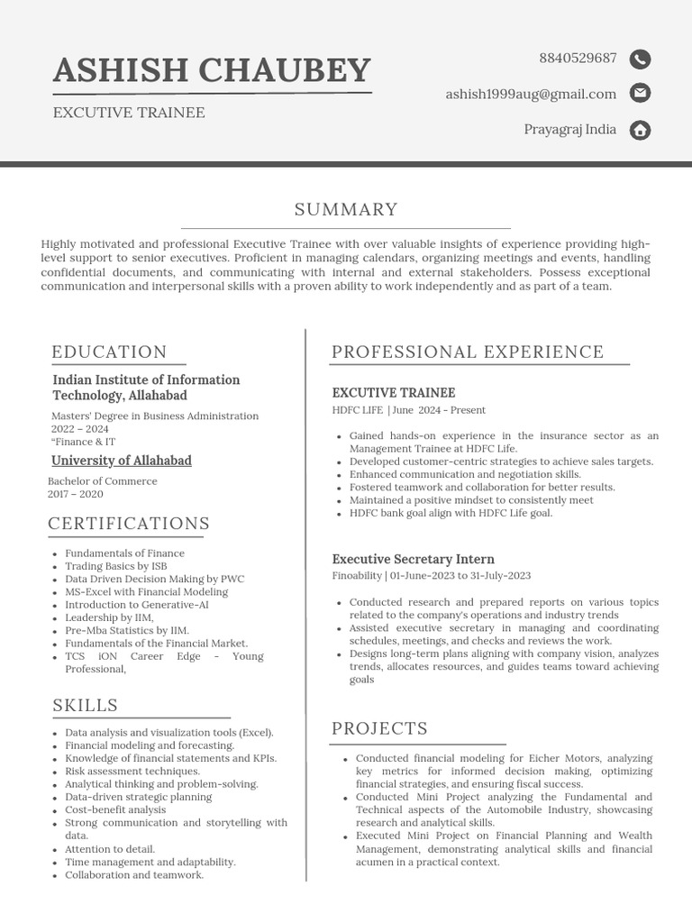 Executive Trainee Profile: Skills & Experience | PDF | Business | Cognition