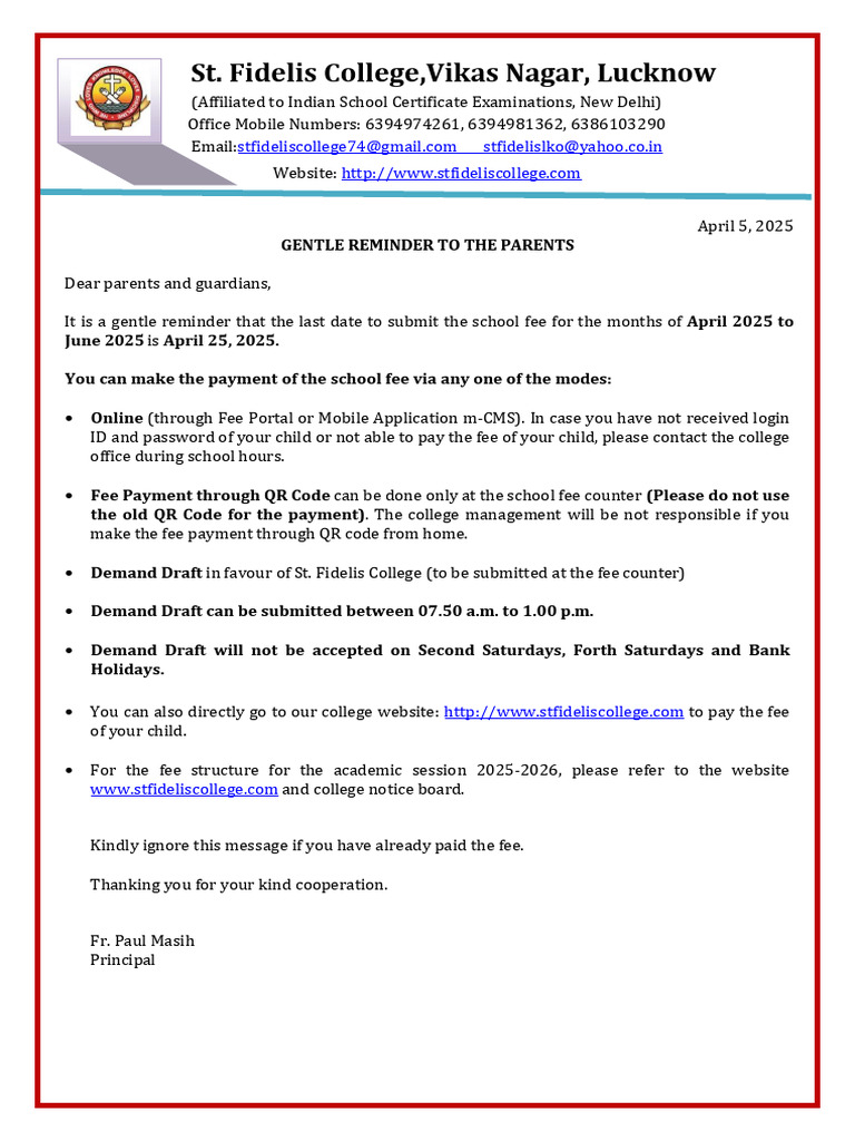 Fee Payment Reminder for Parents | PDF
