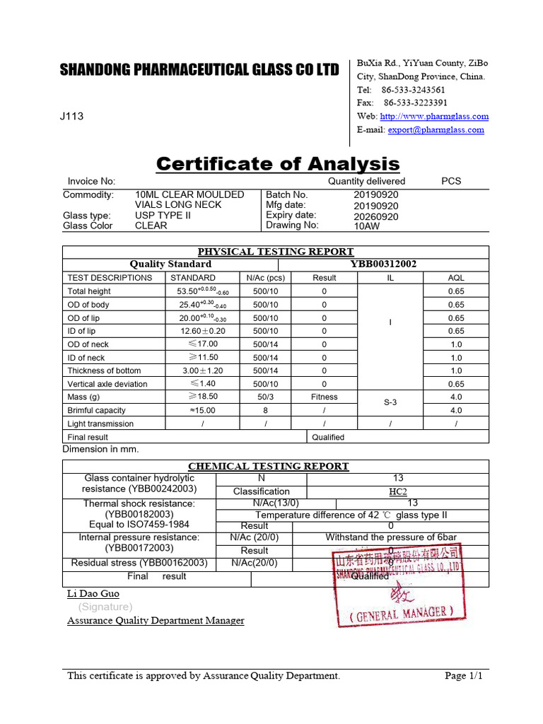 Shandong Pharmaceutical Glass Vial Report | PDF | Glasses | Applied And ...