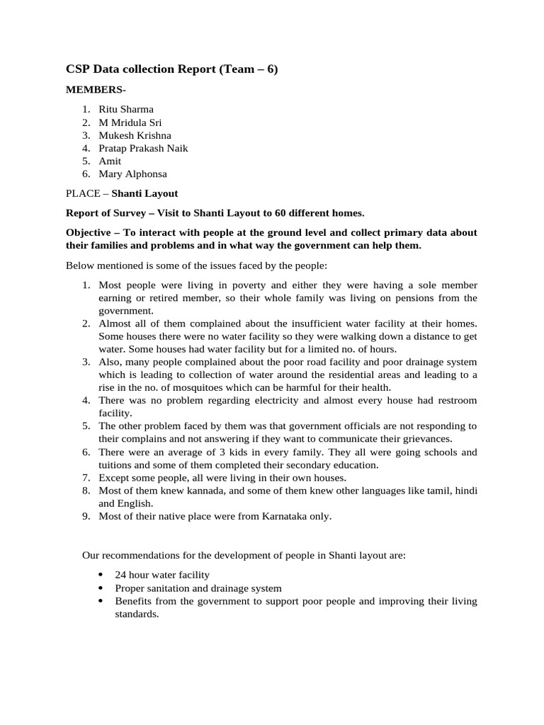 CSP Data Collection Report: Shanti Layout | PDF