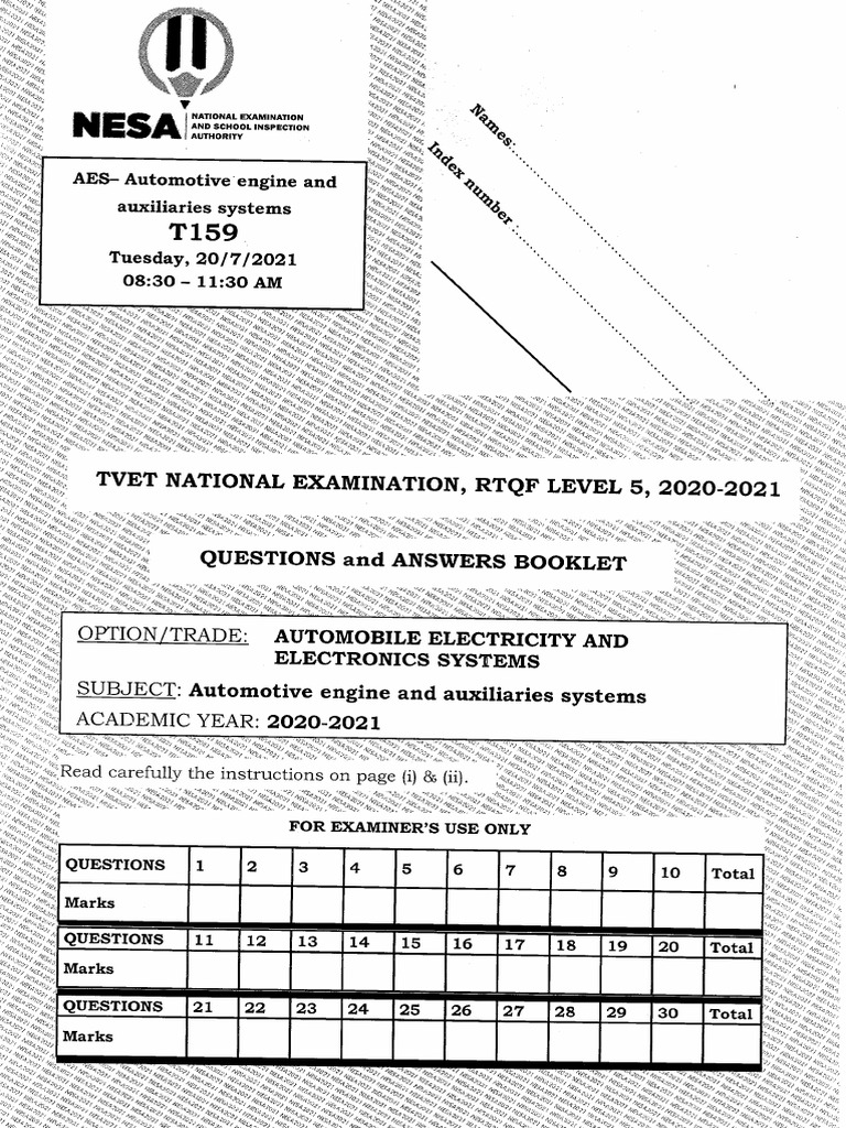 2021 T159 Automotive Engine and Auxiliaries Systems TVET | PDF