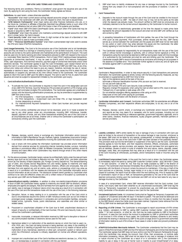 DBP ATM Card Terms and Conditions | PDF | Personal Identification ...